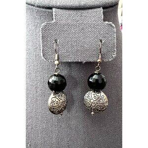 Artisan Handmade Silvertone Heart Engraved Charm Faceted Glass Dangle Earrings